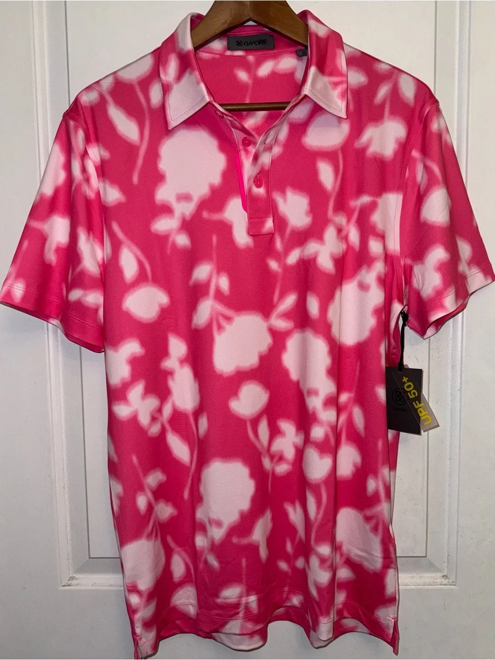 G/FORE NWT Blur Floral Tech Jersey Polo in "Knockout Pink" - Picture 3 of 8